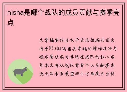 nisha是哪个战队的成员贡献与赛季亮点