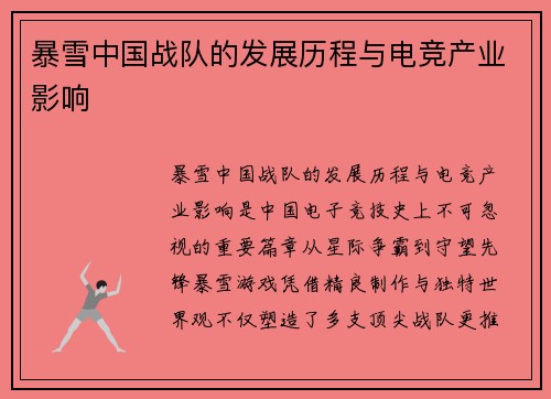 暴雪中国战队的发展历程与电竞产业影响