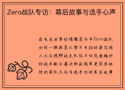 Zero战队专访：幕后故事与选手心声