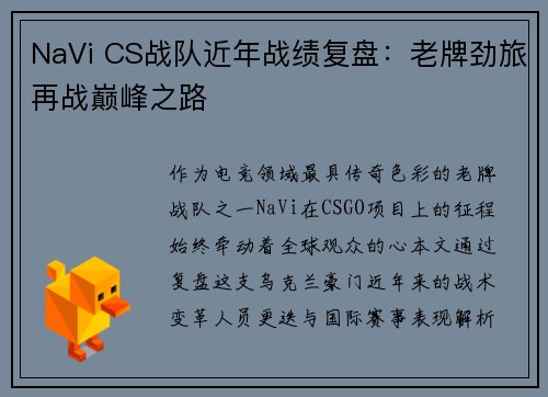 NaVi CS战队近年战绩复盘：老牌劲旅再战巅峰之路